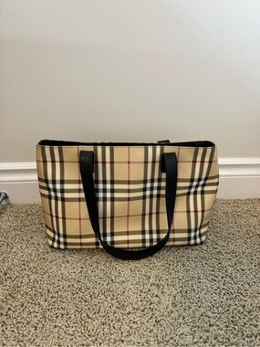 Burberry Classic Plaid Tote Bag in Beige with Black Straps
